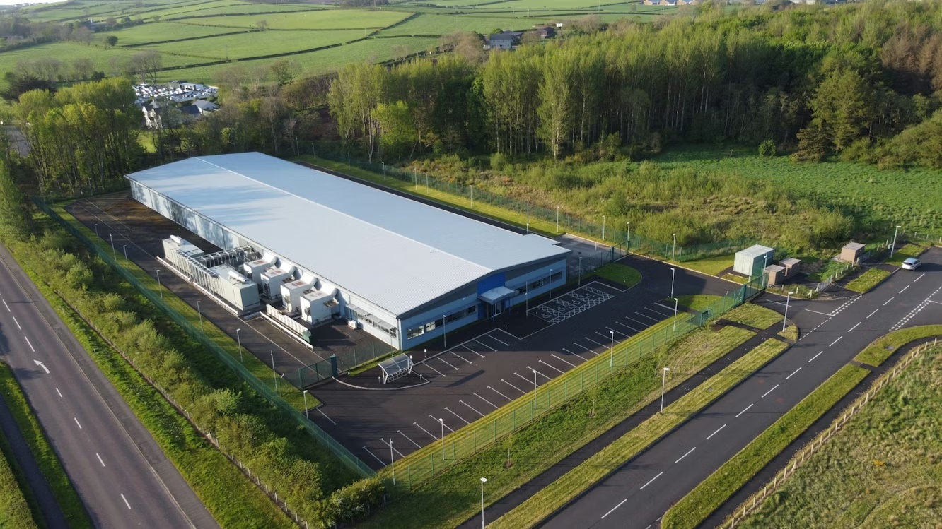 Data center facility in Coleraine showing physical infrastructure and energy systems in a real-world environment.
