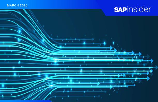SAPinsider benchmark report March 2026 cover showing digital data flows representing ERP and AI priorities under cost pressure.