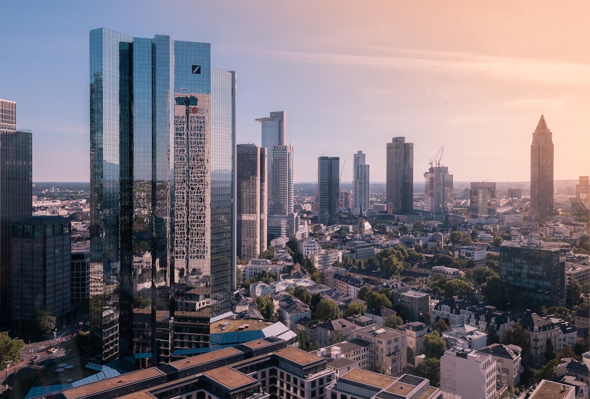 Frankfurt business district skyline representing enterprise finance systems, data infrastructure, and AI-driven collections workflows in Europe.