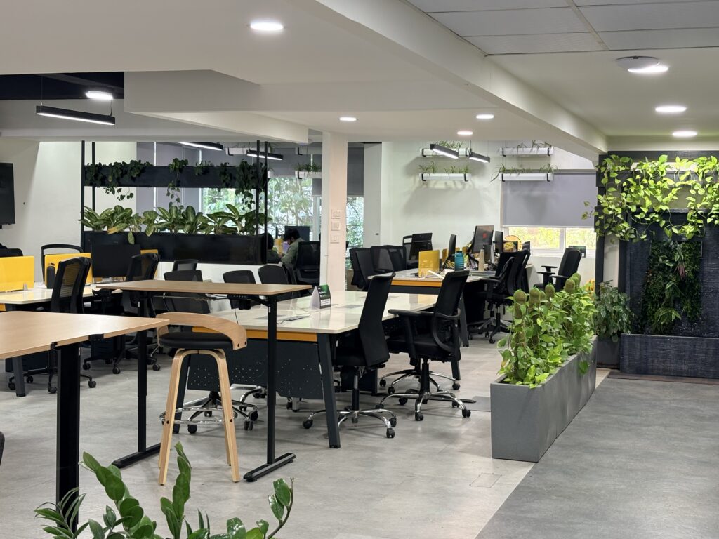 Beacon.li office workspace with desks, monitors, chairs, and indoor plants, representing enterprise software implementation and support operations.