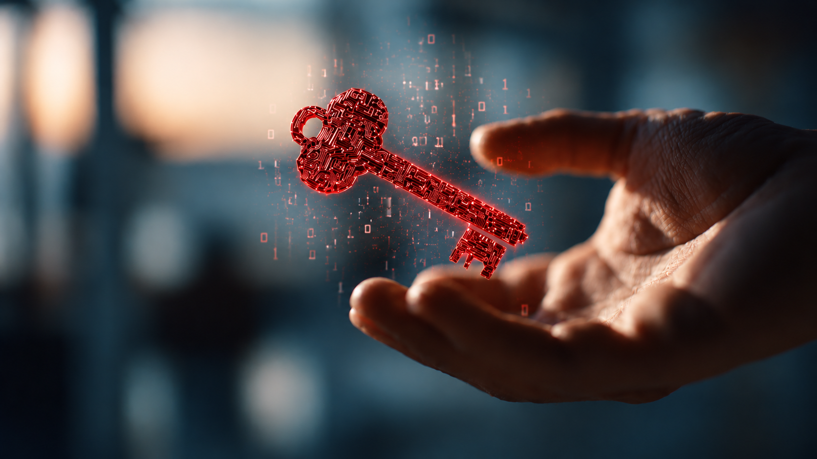 An open human hand holding a glowing red holographic key formed from circuit-board patterns and streaming binary digits, symbolizing a governed Enterprise Data Layer as the key to SAP S/4HANA AI readiness.