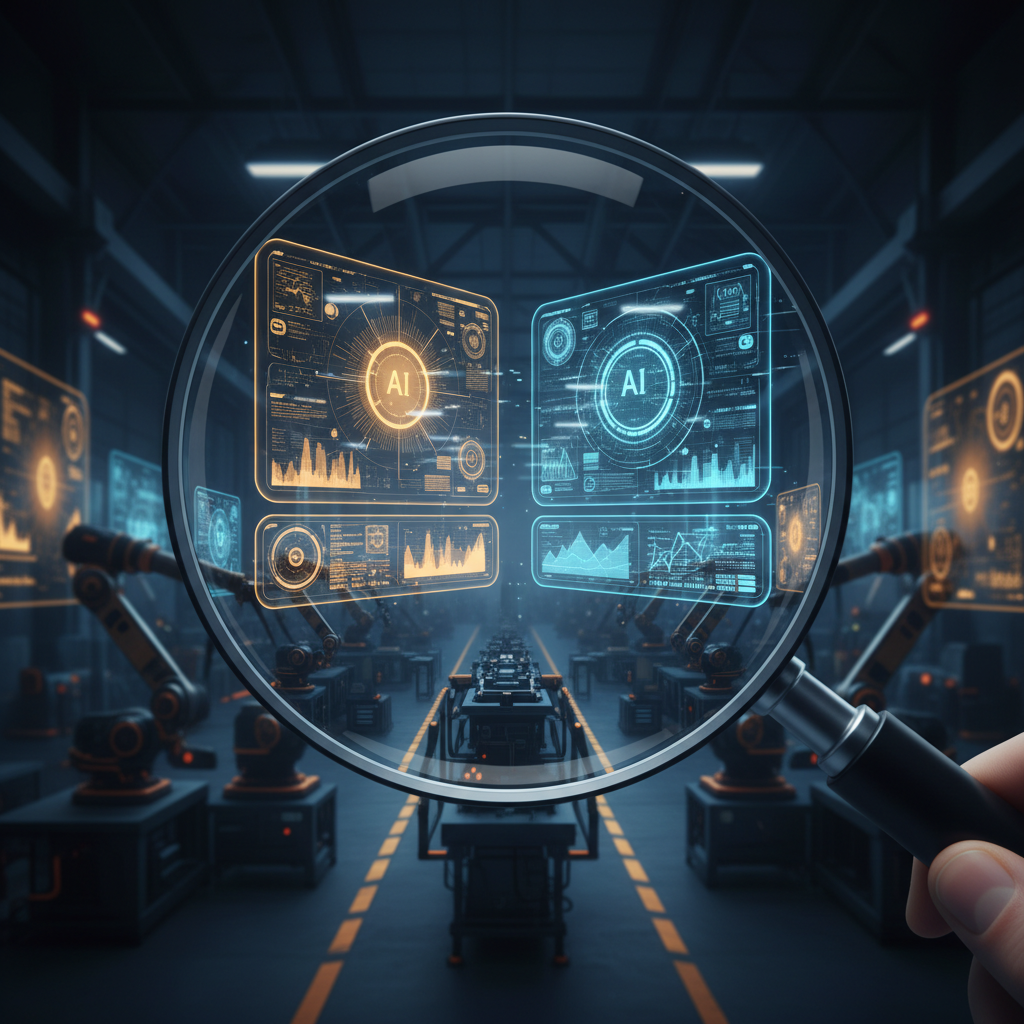 Magnifying glass examining holographic AI dashboards above a robotic manufacturing production line, symbolizing scrutiny of agentic AI claims in ERP platforms from SAP, IFS, Epicor, QAD, and Syspro