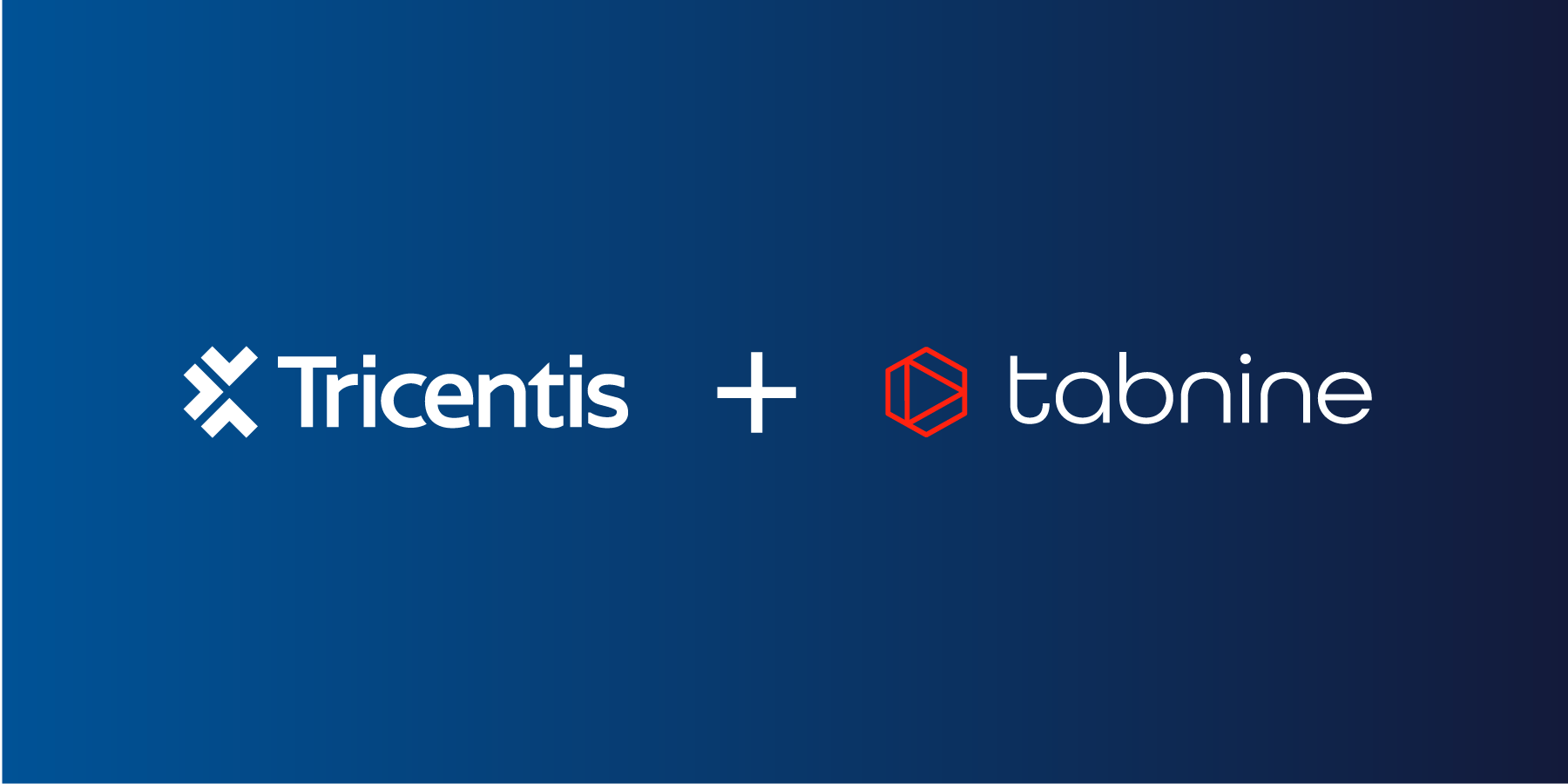 Tricentis and Tabnine logos joined by a plus sign on a dark blue gradient background announcing the Tricentis acquisition of Tabnine for agentic quality engineering