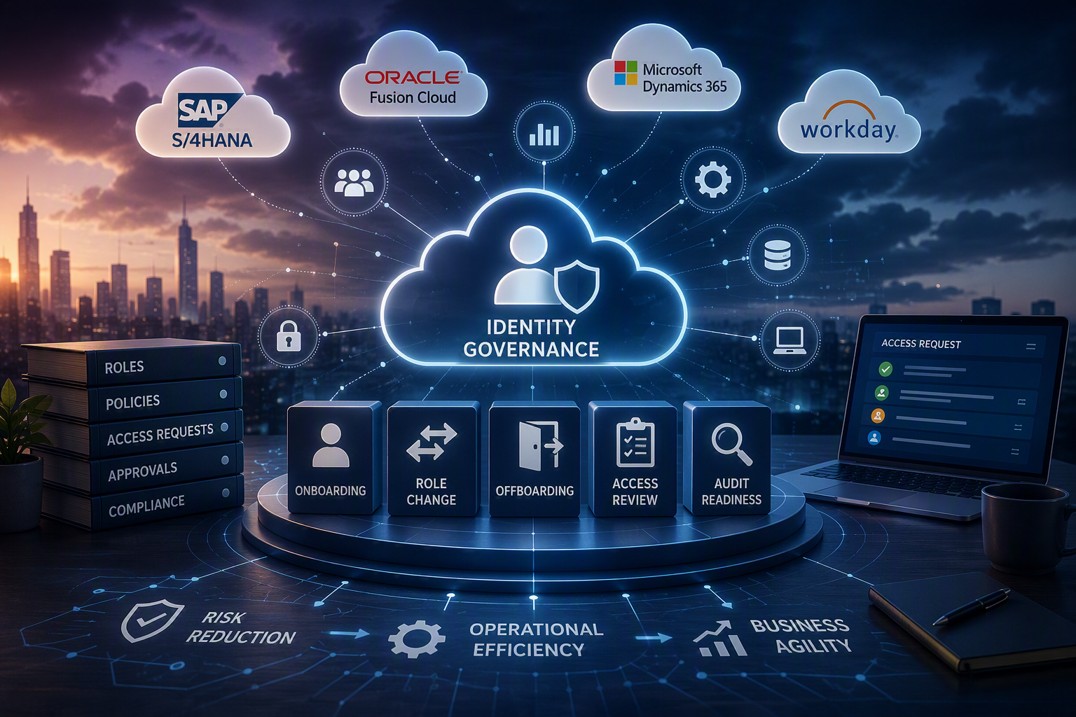 Business and technology leaders reviewing identity governance, access management, and cloud ERP security controls across integrated enterprise applications