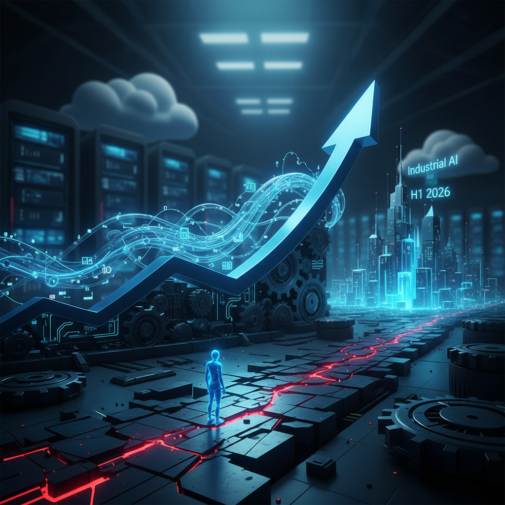 Glowing blue growth arrow rising over industrial gears and data streams toward a digital city labeled Industrial AI H1 2026, while a holographic human figure stands on cracked factory-floor tiles split by red fault lines, symbolizing IFS growth and the execution challenges beneath it.
