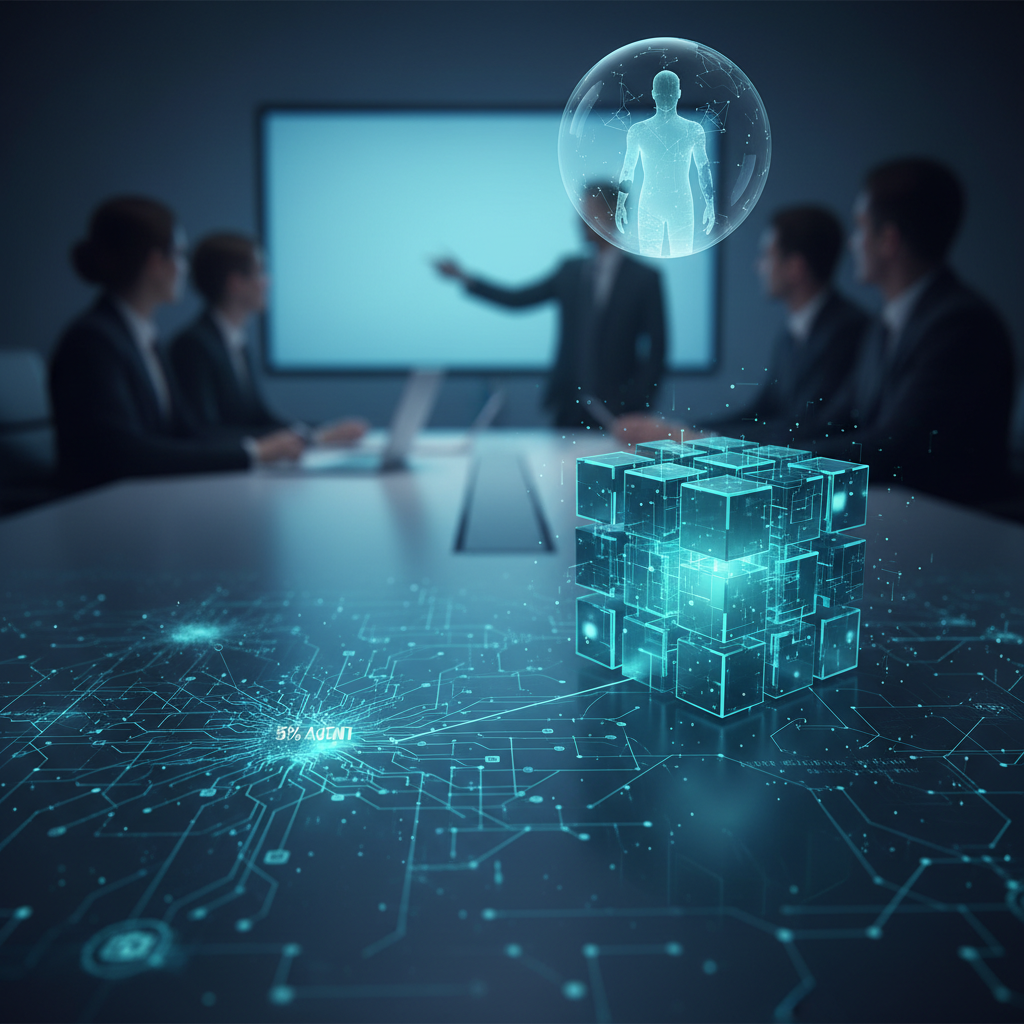 Executives in a boardroom watch a presentation of a holographic AI agent floating in a sphere while a translucent cube of interconnected data blocks and a glowing circuit network labeled 5% agent span the table, illustrating the agentic AI gap between the agent and its ERP data foundation