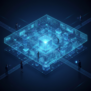 Isometric illustration of business professionals observing a glowing holographic ERP platform with a luminous central AI core, layered data blocks, and status screens, representing NEO3 Cadence's real-time AI-powered NetSuite implementation.