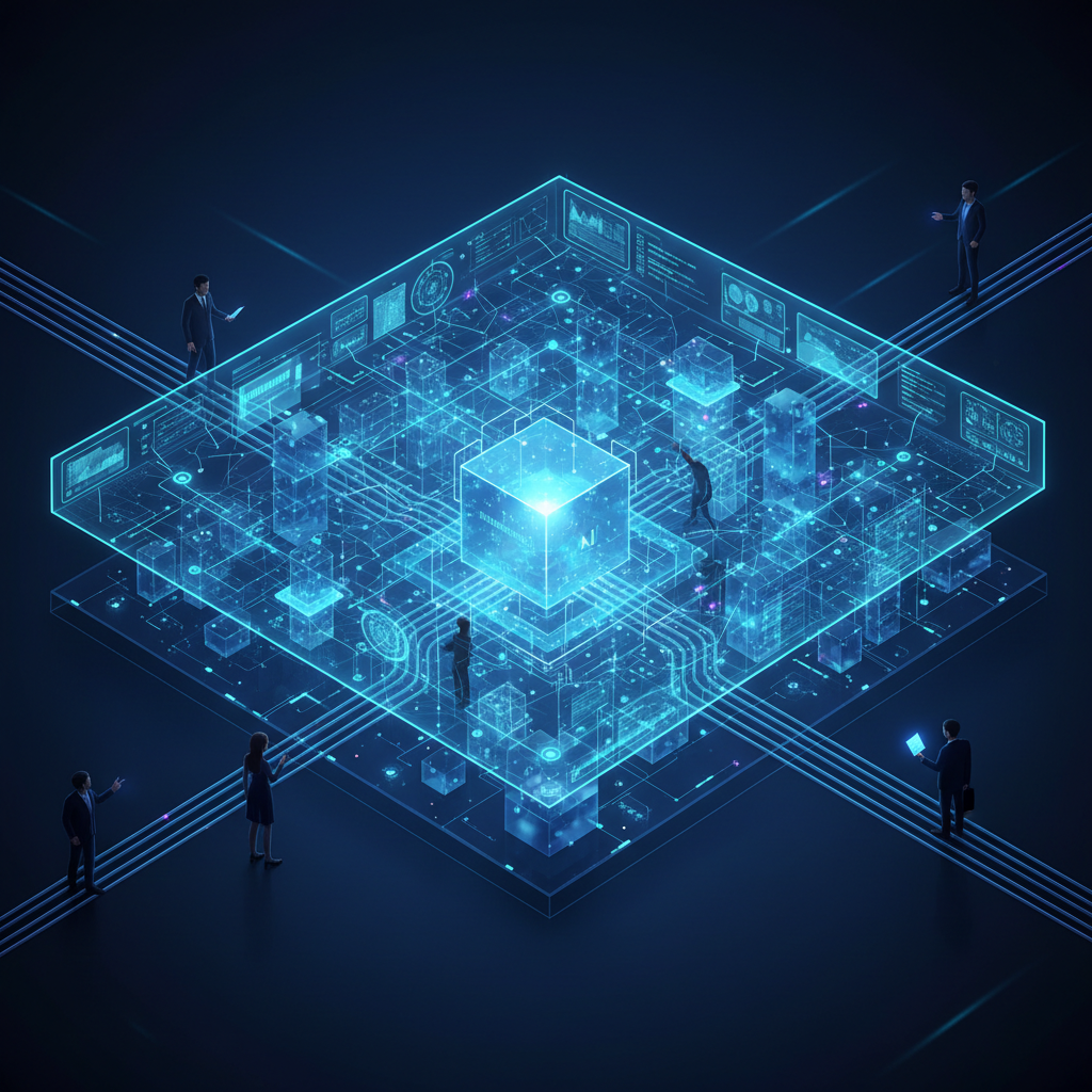 Isometric illustration of business professionals observing a glowing holographic ERP platform with a luminous central AI core, layered data blocks, and status screens, representing NEO3 Cadence's real-time AI-powered NetSuite implementation.