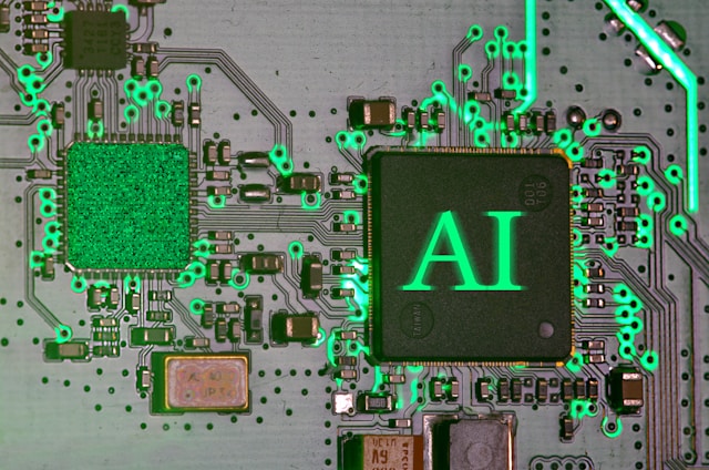 Circuit board with a glowing green AI processor chip representing the AI intelligence Oracle is embedding in Enterprise Manager for database performance management