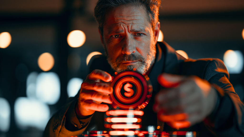 Executive examining a glowing red dollar coin above a stack of tokens, symbolizing the hidden costs of enterprise data and the AI ROI question facing CIOs and CFOs in SAP environments.