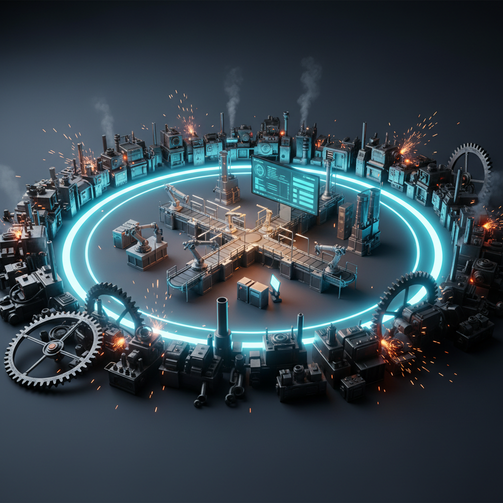 Glowing blue ring encircling a miniature smart factory with robotic arms, conveyor lines, and a live operations dashboard, surrounded by dark legacy gears and machinery, illustrating the IFS Loops concept of organizational memory as the competitive moat in Industrial AI