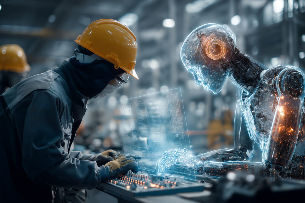 Manufacturing worker in a yellow hard hat and safety glasses operating a control panel alongside a translucent AI humanoid agent, both reviewing a holographic ERP and production dashboard on a factory floor, illustrating manufacturing AI execution and human-agent collaboration