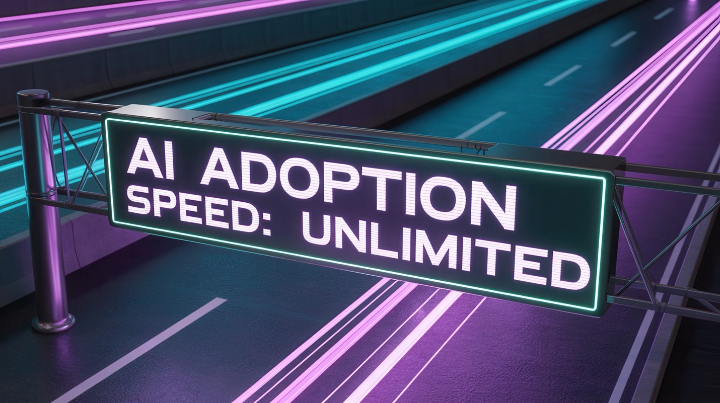 Neon highway sign reading "AI Adoption Speed: Unlimited" over a digital motorway, symbolizing Infor forward-deployed engineering accelerating AI into ERP execution
