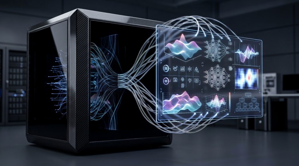 Carbon-fiber server enclosure projecting a holographic dashboard of neural networks, vector waveforms, and analytics charts, illustrating in-database AI and enterprise RAG running directly on an Oracle EBS core without cloud migration.