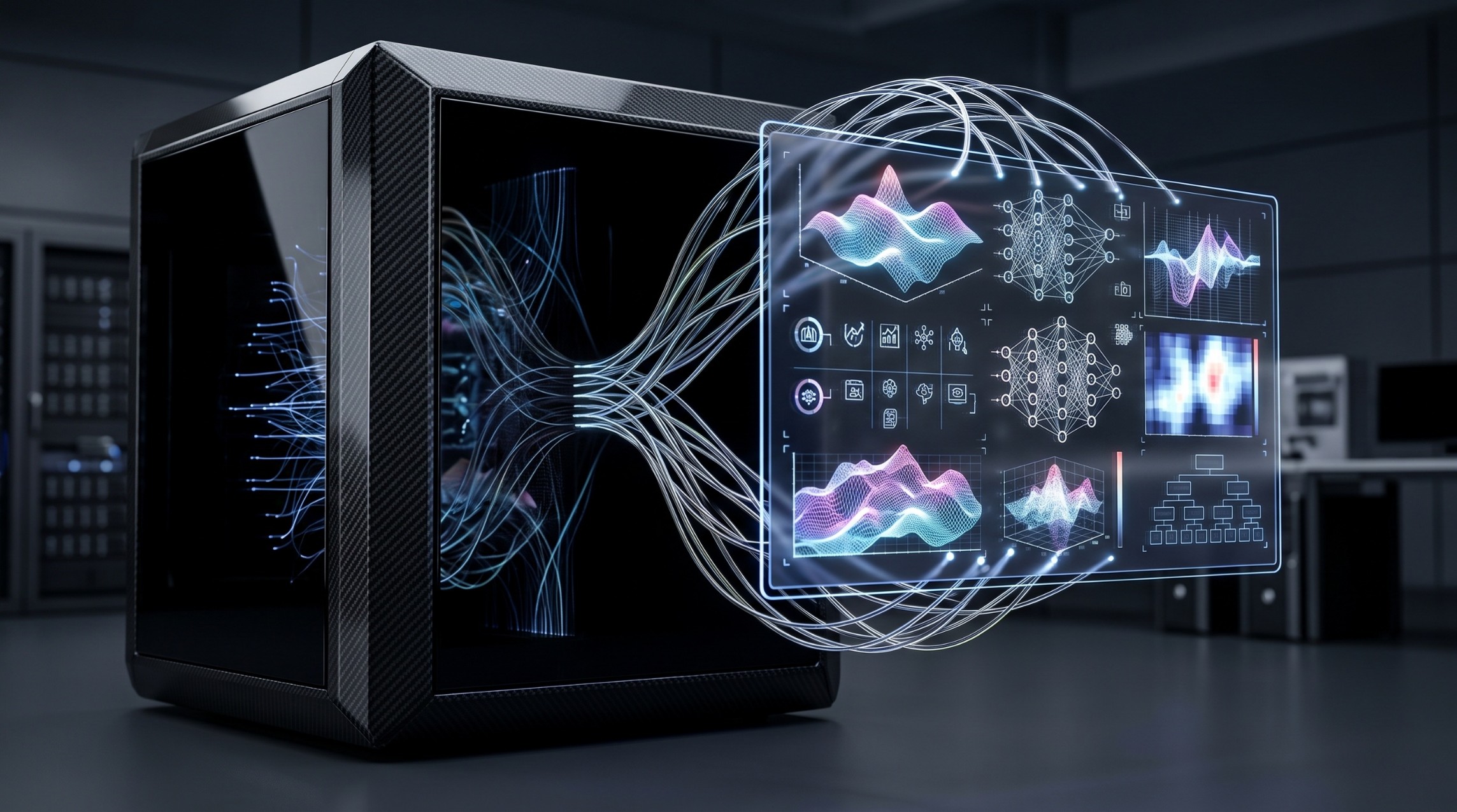 Carbon-fiber server enclosure projecting a holographic dashboard of neural networks, vector waveforms, and analytics charts, illustrating in-database AI and enterprise RAG running directly on an Oracle EBS core without cloud migration.