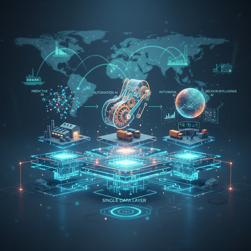 An abstract representation of interconnected digital networks, flowing data, and artificial intelligence symbols over a blurred industrial background.