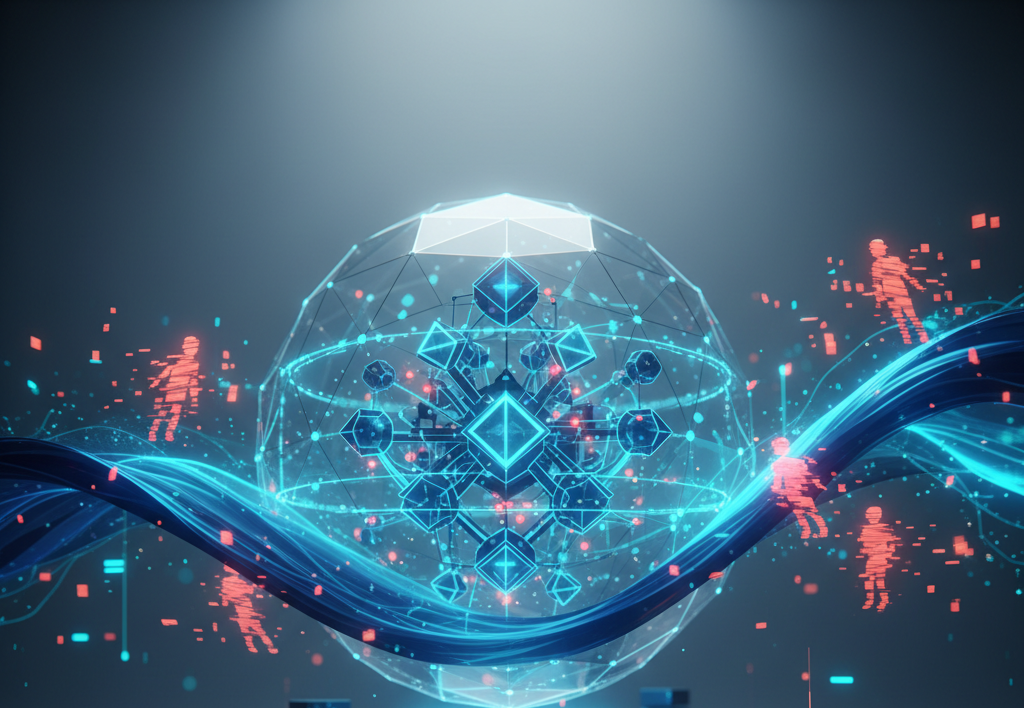 Conceptual illustration of Boomi’s Agent Control Plane, managing secure enterprise AI operations with data flow visualization.