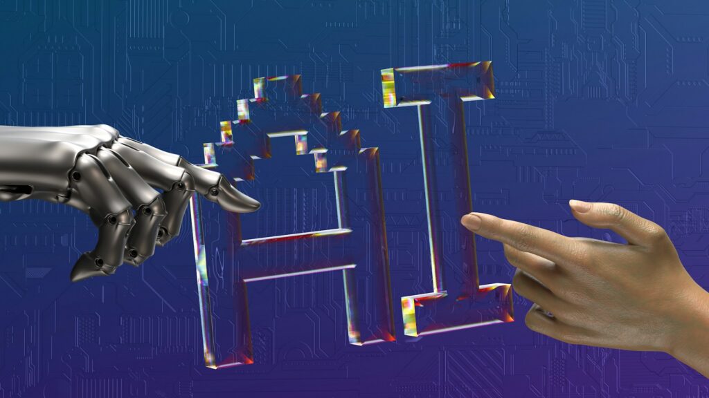 Robotic hand and human hand reaching toward glass letters spelling AI on a circuit board background, illustrating Syspro Torque's human-in-the-loop industrial AI for manufacturing ERP
