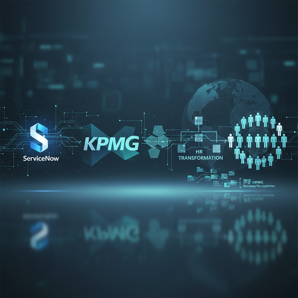 ServiceNow and KPMG logos merge within an abstract, interconnected digital network, symbolizing HR transformation collaboration