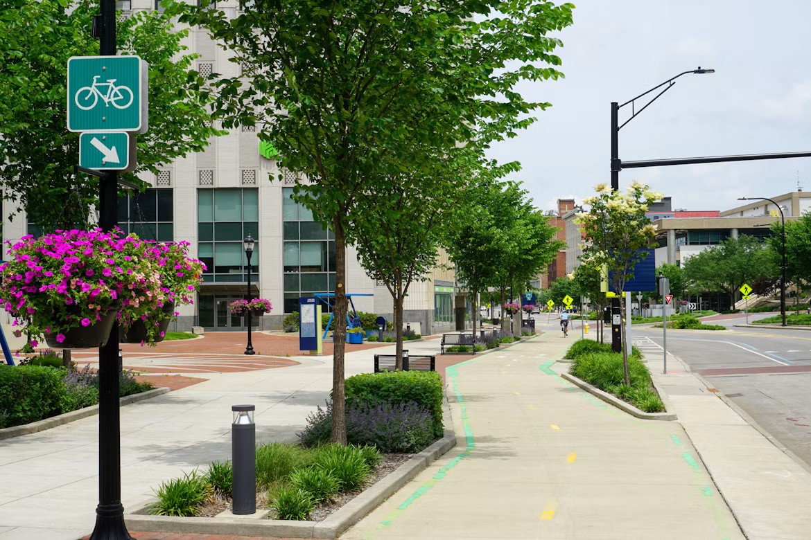 Street and protected bike path in downtown Akron, Ohio, where the city is modernizing legacy ERP systems with Workday.